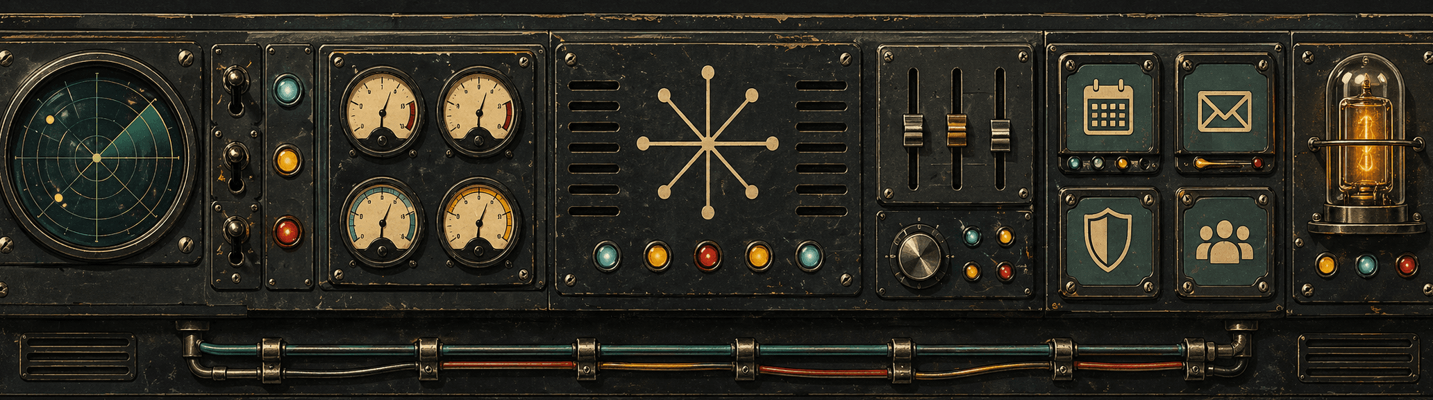 Maquinário analógico com medidores, botões e cabos conectando as etapas do método