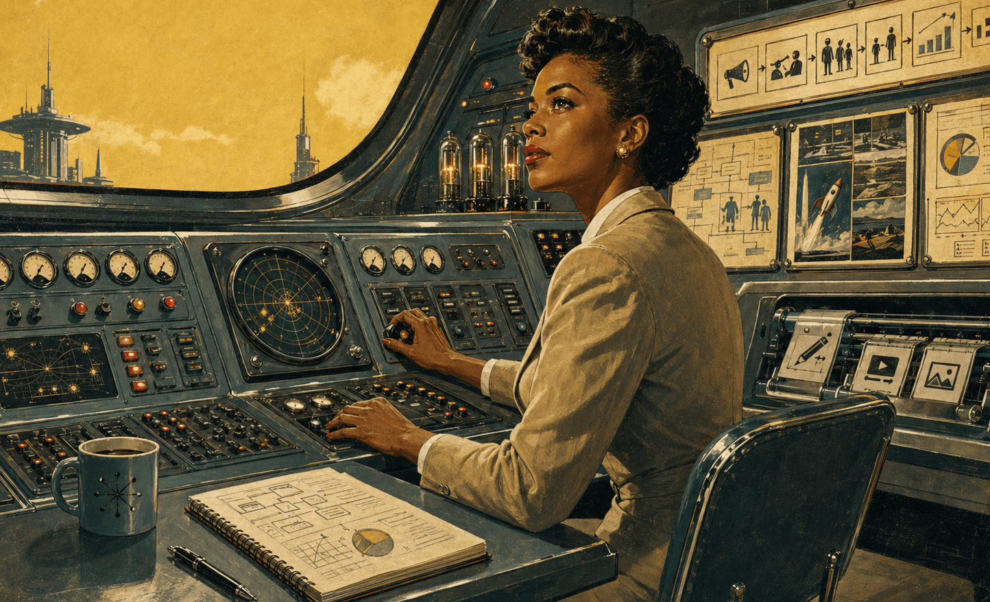 Pessoa supervisionando fluxos de IA em uma sala de controle retro-futurista