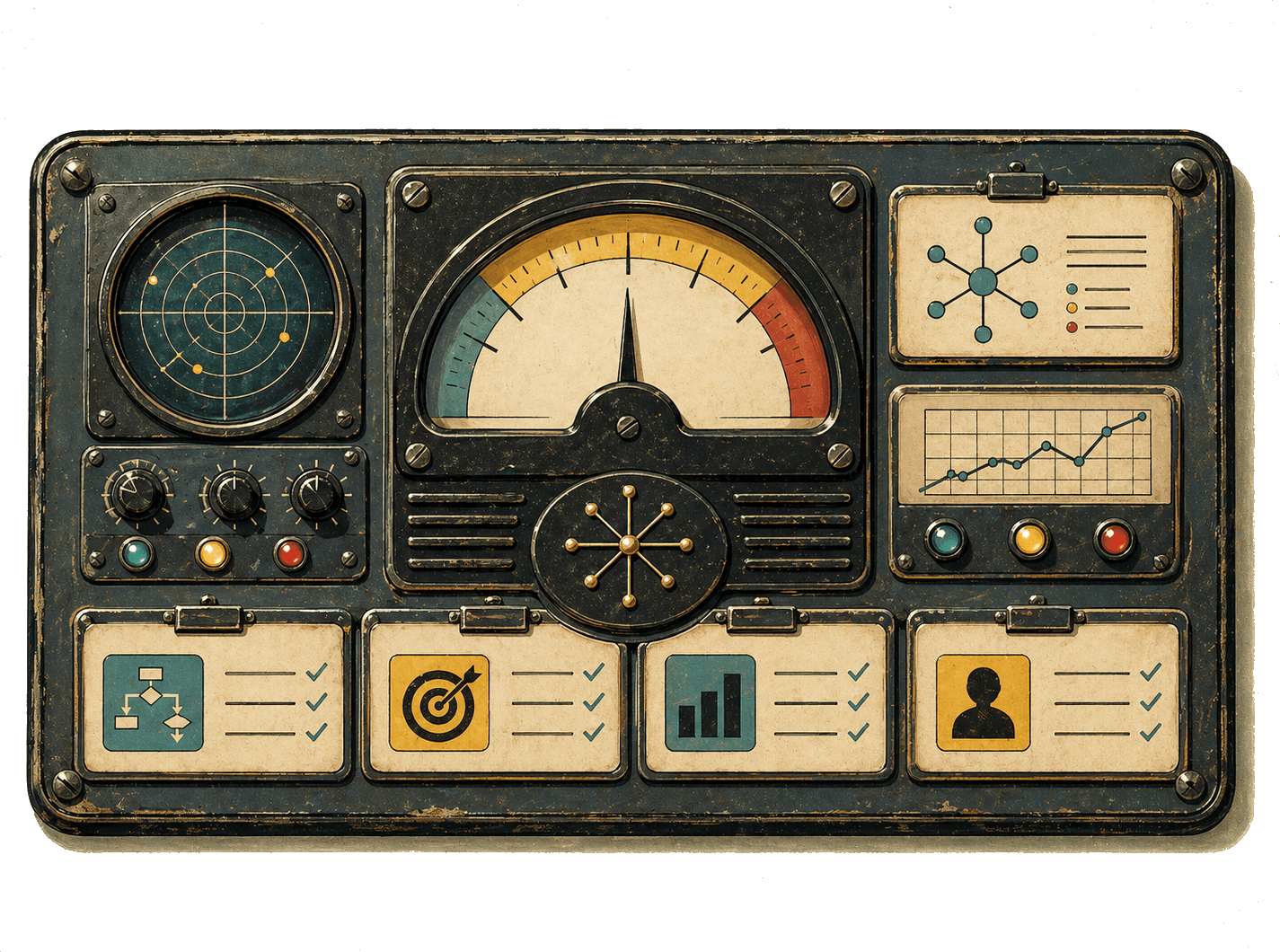 Painel retro com medidor analogico e indicadores de metodo